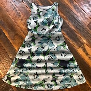 Lesley Evers Navy Blue Floral Stripe Sleeveless A-Line Dress Sz:Large USA Made